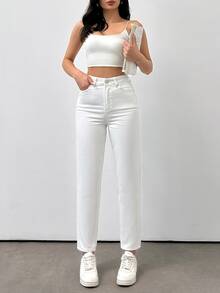 EURMUSE High Waist Mom Fit Jeans - White - View 5