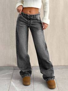 SHEIN Tall TALL SIZE LOW WAIST BAGGY LOOSE STRAIGHT LEG JEAN Low Rise Wide Jeans Y2k Casual Streetwear Day Time Work Dark Grey Summer - Light Grey - View 3