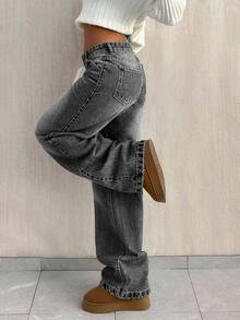 SHEIN Tall TALL SIZE LOW WAIST BAGGY LOOSE STRAIGHT LEG JEAN Low Rise Wide Jeans Y2k Casual Streetwear Day Time Work Dark Grey Summer - Light Grey - View 7