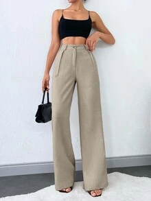 SHEIN Tall 100%纯棉高腰女士纯色斜口袋直筒裤 - 米色 - 查看 4