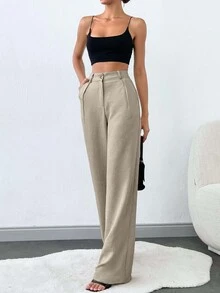 SHEIN Tall 100%纯棉高腰女士纯色斜口袋直筒裤 - 米色 - 查看 3