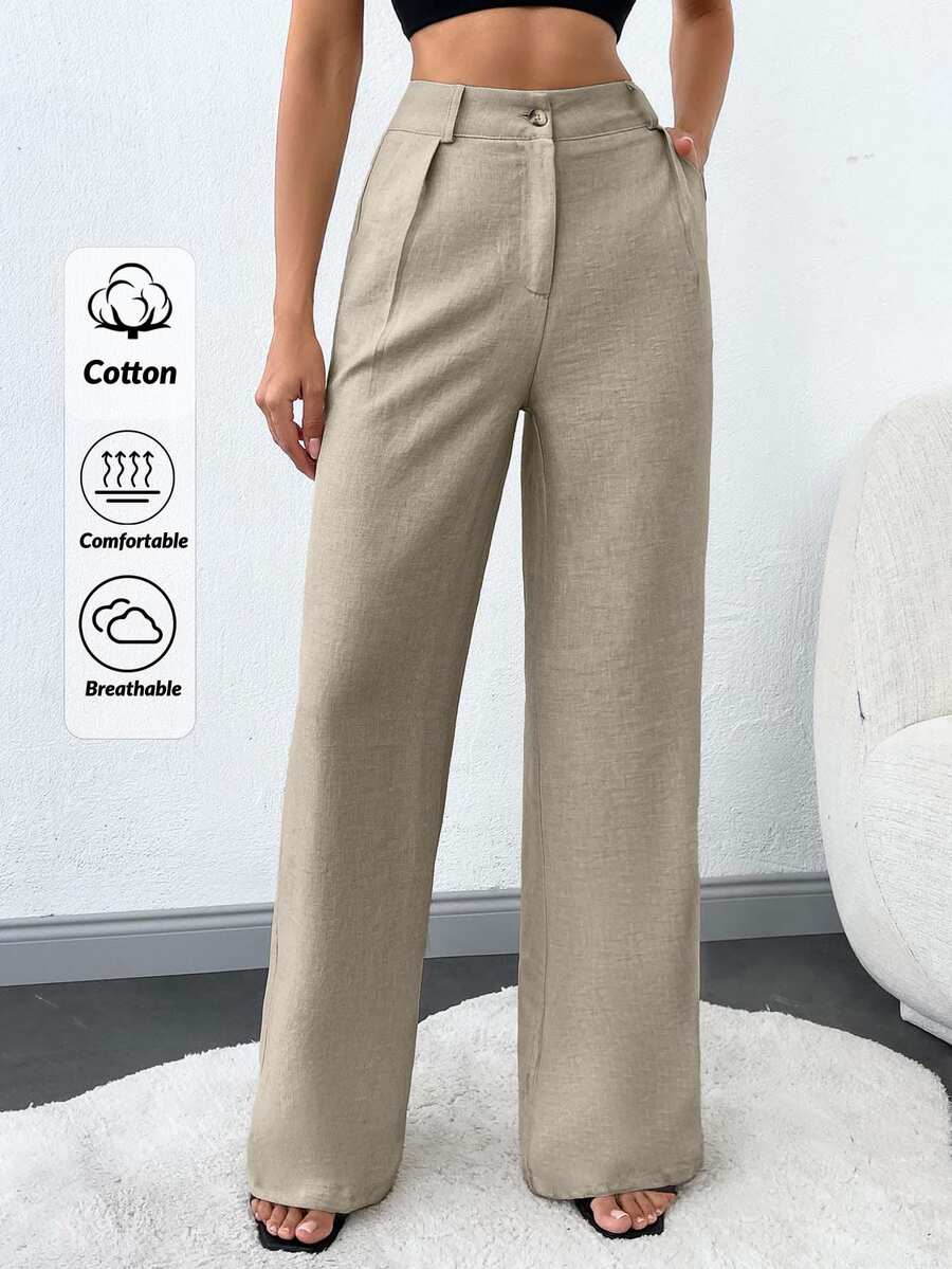 SHEIN Tall 100%纯棉高腰女士纯色斜口袋直筒裤 - 米色 - 查看 1