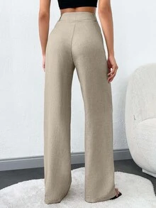 SHEIN Tall 100%纯棉高腰女士纯色斜口袋直筒裤 - 米色 - 查看 2