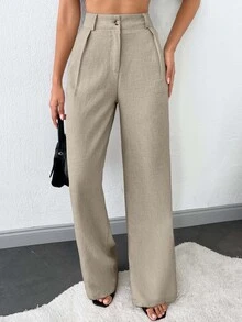 SHEIN Tall 100%纯棉高腰女士纯色斜口袋直筒裤 - 米色 - 查看 5