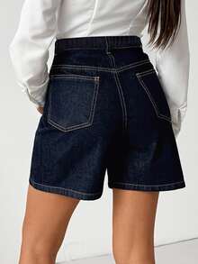 SHEIN Cottnline بنطلون جينز نسائي بخصر عالي وغسيل أزرق داكن خام، أزرار إغلاق، ستايل كاجوال أنيق، مناسب للمواعيد الليلية والصيف - أزرق داكن - مشاهدة 3