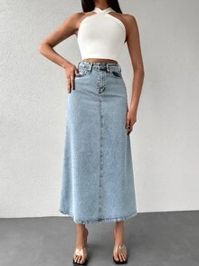 EURMUSE Slant Pocket Denim Skirt - Light Wash - View 4