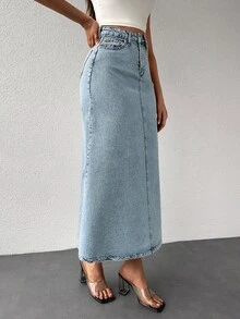 EURMUSE Slant Pocket Denim Skirt - Light Wash - View 5