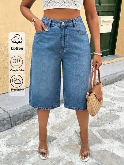 SHEIN WOMEN DENIM HIGH WAIST LONG SHORT PLUS SIZE CURVY CURVE MEDIUM BLUE DENIM CASUAL ELASTIC WAISTBAND