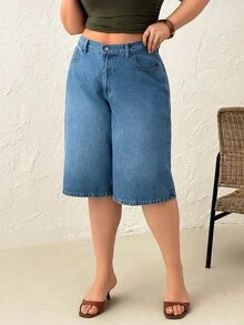 SHEIN نساء جينز خصر عالي قصير طويل مقاس كبير منحني منحني أزرق متوسط جينز كاجوال خصر مطاطي - أزرق متوسط - مشاهدة 4