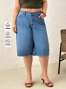 SHEIN نساء جينز خصر عالي قصير طويل مقاس كبير منحني منحني أزرق متوسط جينز كاجوال خصر مطاطي - أزرق متوسط - مشاهدة 7