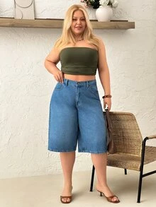SHEIN نساء جينز خصر عالي قصير طويل مقاس كبير منحني منحني أزرق متوسط جينز كاجوال خصر مطاطي - أزرق متوسط - مشاهدة 5