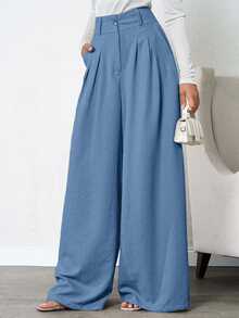 SHEIN Tall Women Beige Deep Pleated Linen Pants, Tall Women - Blue - View 3
