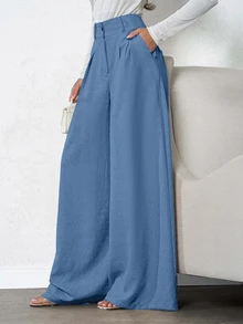 SHEIN Tall Women Beige Deep Pleated Linen Pants, Tall Women - Blue - View 4
