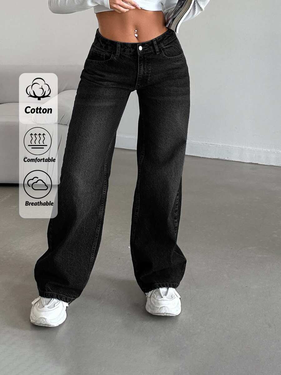 cottnline جينز أسود بقصة مستقيمة وخصر منخفض للنساء، للنساء الصغيرات للاستخدام اليومي والخروج في الصيف بأسلوب كاجوال - الأسود - مشاهدة 1