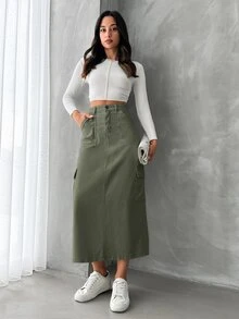EURMUSE Women's Cargo Style Denim Pocket Skirt - Khaki - View 4