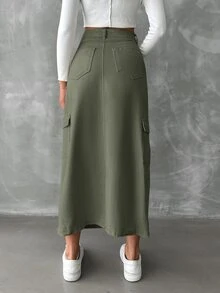 EURMUSE Women's Cargo Style Denim Pocket Skirt - Khaki - View 3