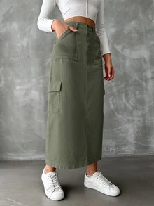 EURMUSE Women's Cargo Style Denim Pocket Skirt - Khaki - View 7