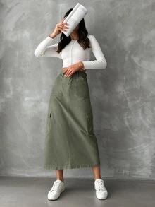 EURMUSE Women's Cargo Style Denim Pocket Skirt - Khaki - View 5