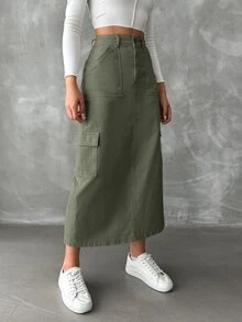 EURMUSE Women's Cargo Style Denim Pocket Skirt - Khaki - View 6