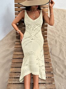 EURMUSE V Neck Ajour Midi Dress With Straps - Beige - View 6