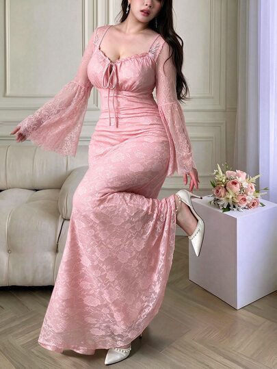 Vibekara Plus Size Square Neck Sweetheart Neck Long Sleeve Flared Sleeve Elegant Vintage Cute Vacation Party Dress French Elegant Cocktail Party Suitable For Formal Occasions Dates Gatherings Parties Cocktail Parties Summer All Seasons Extra Long Maxi Pink Women's Dress