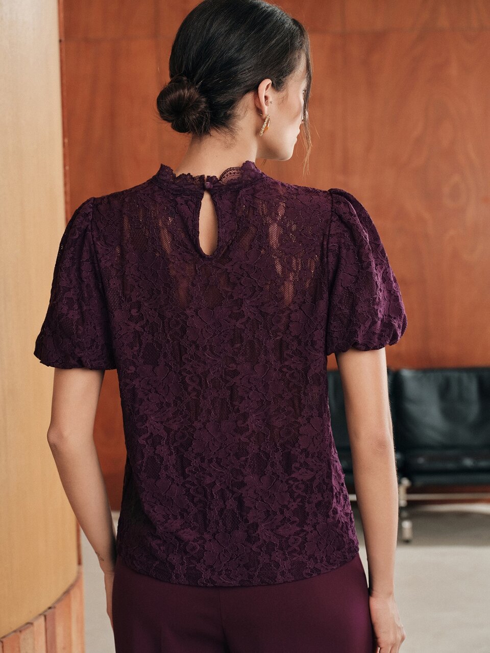 Anewsta Anewata Fashion Classic Round Neck Sexy Floral Lace Puff Short Sleeve Party Gathering Elegant Women's T-Shirt
