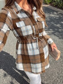 Momance Maternity Regular Outerwear Drawstring Square Collar Plaid Jacket Casual Long Coat Autumn/Winter Fall Family Vacation - Brown - View 2