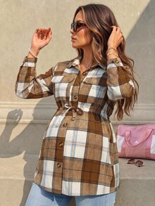 Momance Maternity Regular Outerwear Drawstring Square Collar Plaid Jacket Casual Long Coat Autumn/Winter Fall Family Vacation - Brown - View 1