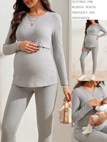 SHEIN Set Atasan dan Legging Hamil 2 Potong untuk Menyusui, Cocok untuk Kantor, Ruang Santai, Formal, Kamar Bayi, Musim Gugur, Lembut, Bentuk Musim Gugur, Kasual, Elegan, Abu-abu - Grey - View 3