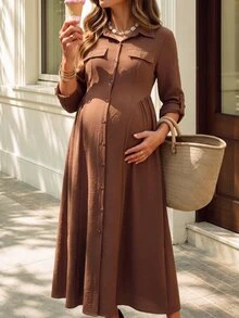 Cheriluna Maternity Maternity Single-Breasted Pleated Texture Dress Elegant Coffee Color Fall - Coffee Brown - View 2