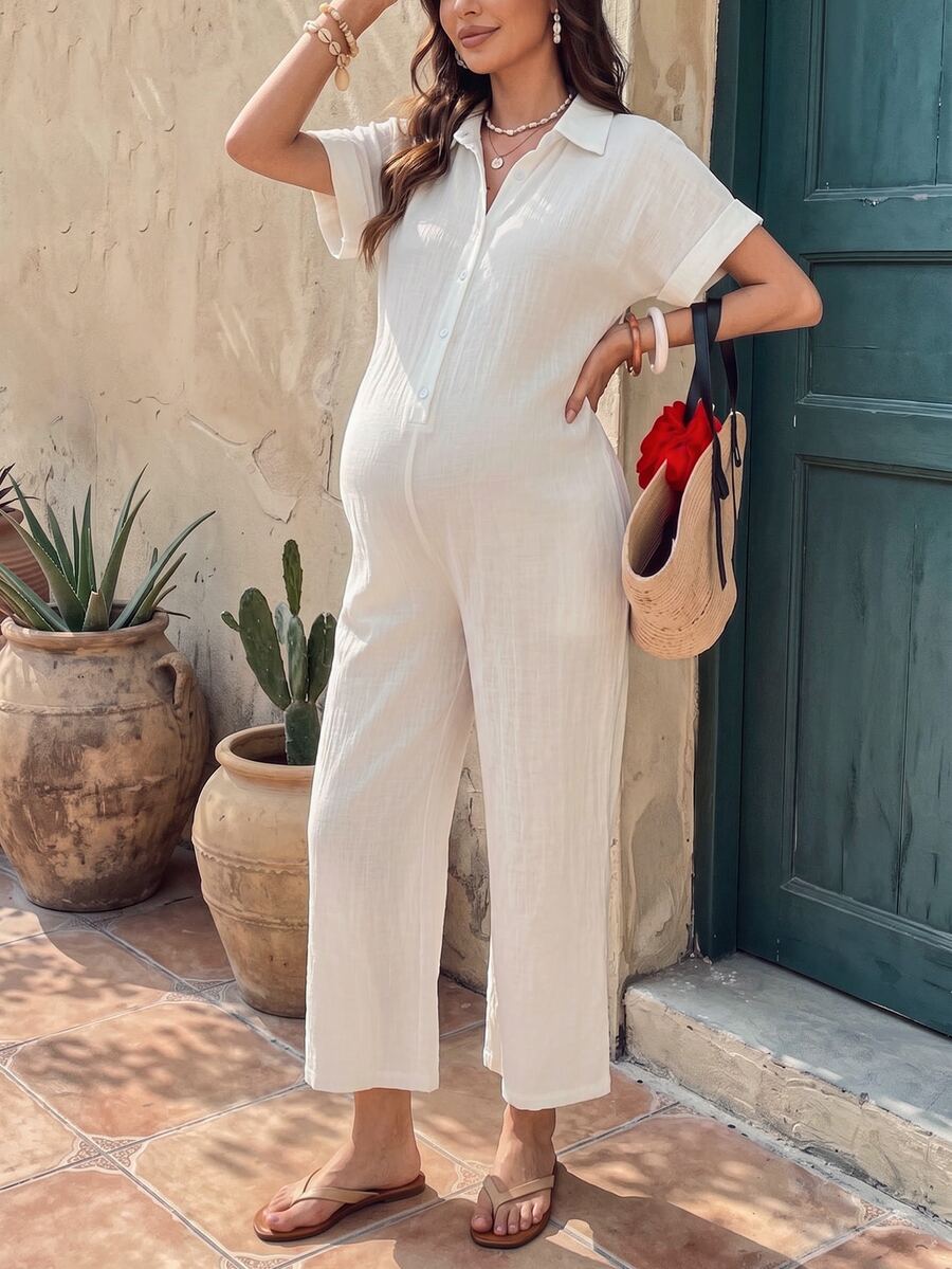 SHEIN Maternity-D Casual Bump Friendly Vacation Style All White Linen ...