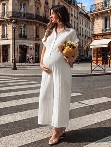 SHEIN Maternity-D Casual Bump Friendly Vacation Style All White Linen ...