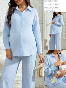 SHEIN Blue And White Striped Long-Sleeve Shirt, Bow Tie, Wide-Leg Pants, Maternity Nursing Two-Piece Set, Spring And Autumn Casual Loose Style, Home - Blue - View 3
