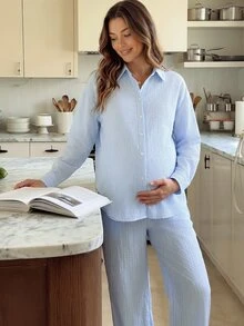 SHEIN Blue And White Striped Long-Sleeve Shirt, Bow Tie, Wide-Leg Pants, Maternity Nursing Two-Piece Set, Spring And Autumn Casual Loose Style, Home - Blue - View 1