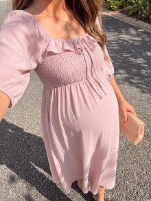 SHEIN Sweet Maternity Ruffle Trim Tie Strap Dress For Vacation And Casual Wear Fall - Pink - View 3