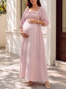 SHEIN Sweet Maternity Ruffle Trim Tie Strap Dress For Vacation And Casual Wear Fall - Pink - View 1
