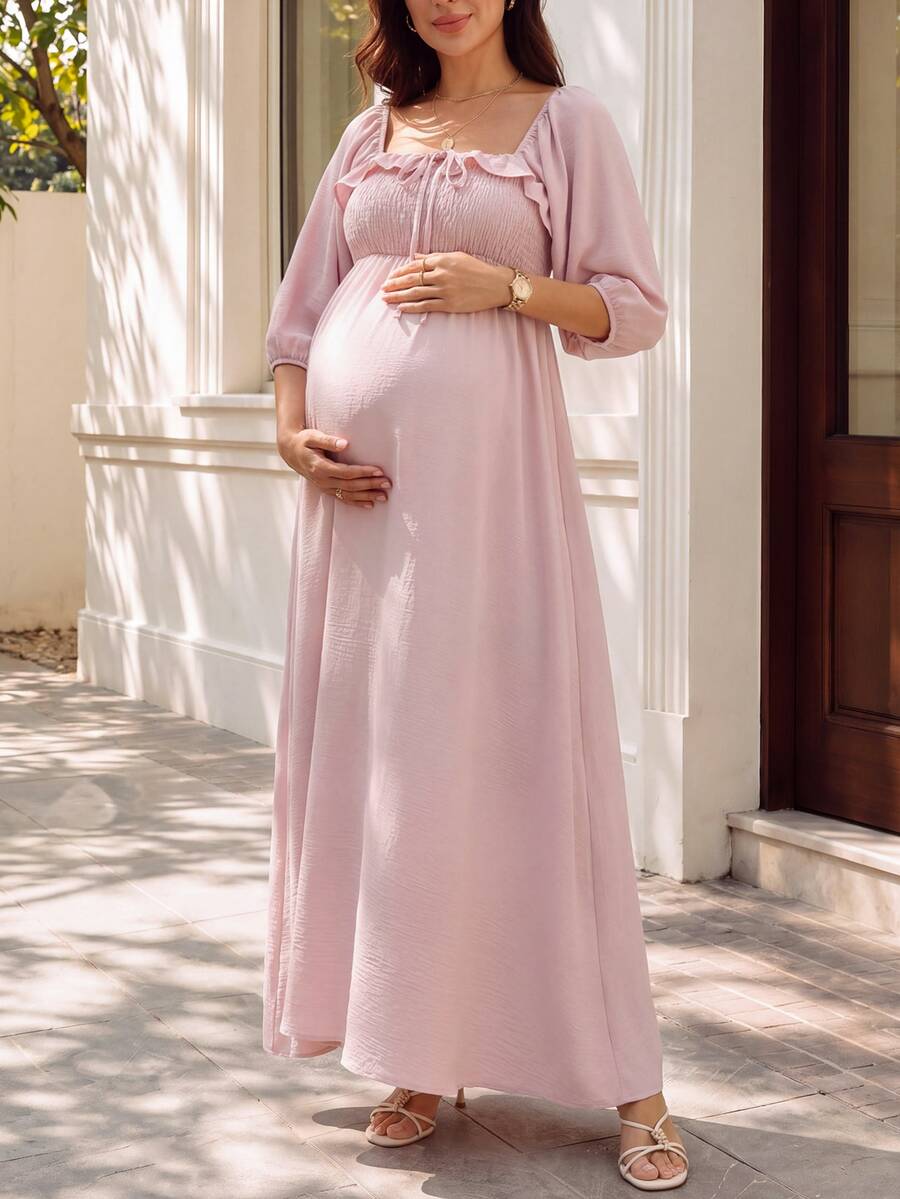 SHEIN Sweet Maternity Ruffle Trim Tie Strap Dress For Vacation And Casual Wear Fall - Pink - View 1