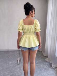 Elenzga Plus Size Women Solid Color Pleated Casual Versatile Daily Wear Shirt - Yellow - View 3