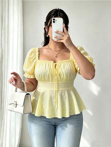 Elenzga Plus Size Women Solid Color Pleated Casual Versatile Daily Wear Shirt - Yellow - View 1