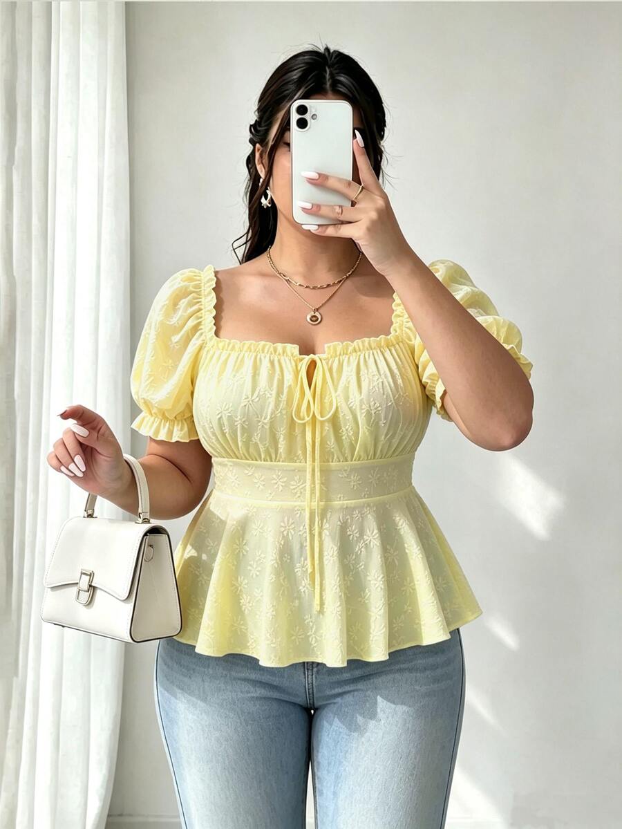 Elenzga Plus Size Women Solid Color Pleated Casual Versatile Daily Wear Shirt - Yellow - View 1