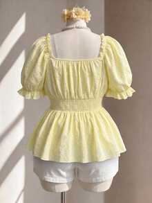 Elenzga Plus Size Women Solid Color Pleated Casual Versatile Daily Wear Shirt - Yellow - View 2