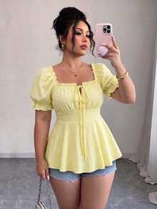 Elenzga Plus Size Women Solid Color Pleated Casual Versatile Daily Wear Shirt - Yellow - View 4