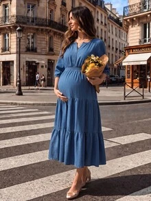 SHEIN Maternity Denim Maxi Dress Fall - Medium Wash - View 1