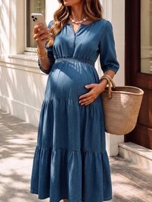 SHEIN Maternity Denim Maxi Dress Fall - Medium Wash - View 3