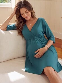 SHEIN Dark Green Modal Maternity Nursing Dress, Cross V-Neck Convenient Breastfeeding Opening, Batwing Mid-Sleeves, Elastic Waist, Slit Skirt, Fall Elegant - Green - View 2