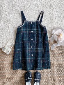 PrepCrw 1pc Tween Girls Elegant School Style Green Plaid Jumper Dress,Pearl Button Black Trim Autumn/Winter Tweed Outfit,Back-To-School Preppy Holiday Clothes - Multicolor - View 1