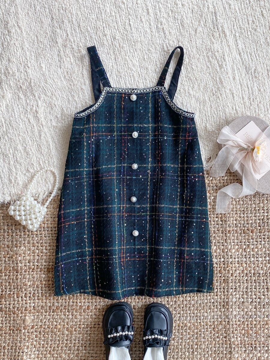 PrepCrw 1pc Tween Girls Elegant School Style Green Plaid Jumper Dress,Pearl Button Black Trim Autumn/Winter Tweed Outfit,Back-To-School Preppy Holiday Clothes - Multicolor - View 1