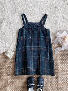 PrepCrw 1pc Tween Girls Elegant School Style Green Plaid Jumper Dress,Pearl Button Black Trim Autumn/Winter Tweed Outfit,Back-To-School Preppy Holiday Clothes - Multicolor - View 2