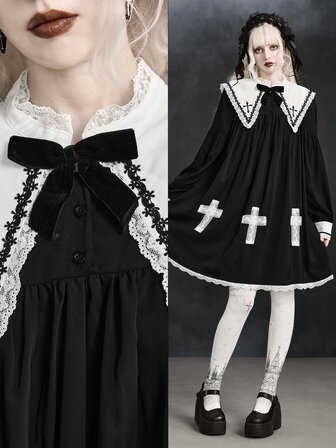 Goth Damen Kleid mit Kreuzmuster, plissiert, lässig für Party & Reisen