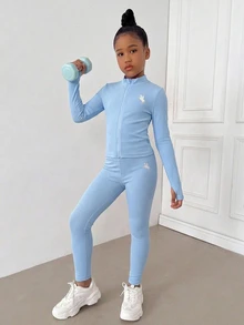 SHEIN Tween女孩純色紋理休閒長袖運動服，兒童秋冬套裝 - 淺藍色 - 查看 5